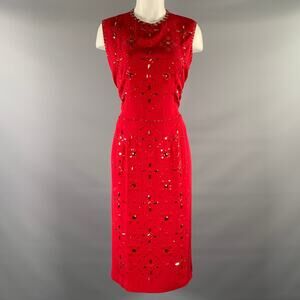 JENNY PACKHAM Red Silk Rhinestones Sheath Knee-Length Dress